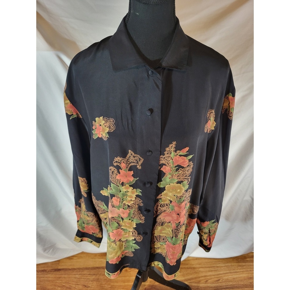 White Pine Company Wintersilks Black Floral Button Down Blouse Size 10